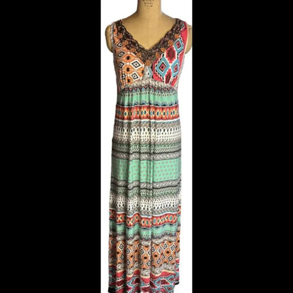 Chicos Floral Aztec Colorful Boho Hippie Stretchy Printed Maxi Dress Size 0 NWT - Picture 11 of 12